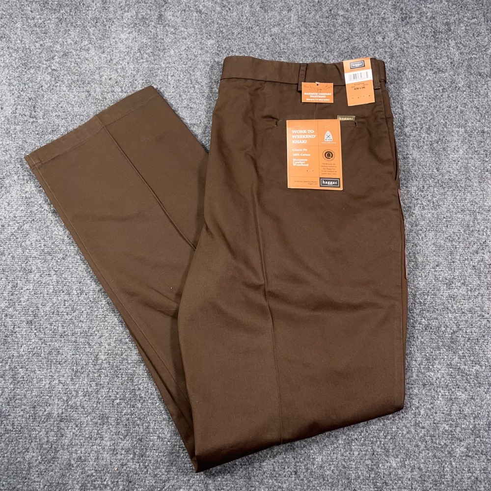 Haggar Work-To-Weekend Khaki Pants Mens 42x34 Classic Fit Pleated Brown NWT